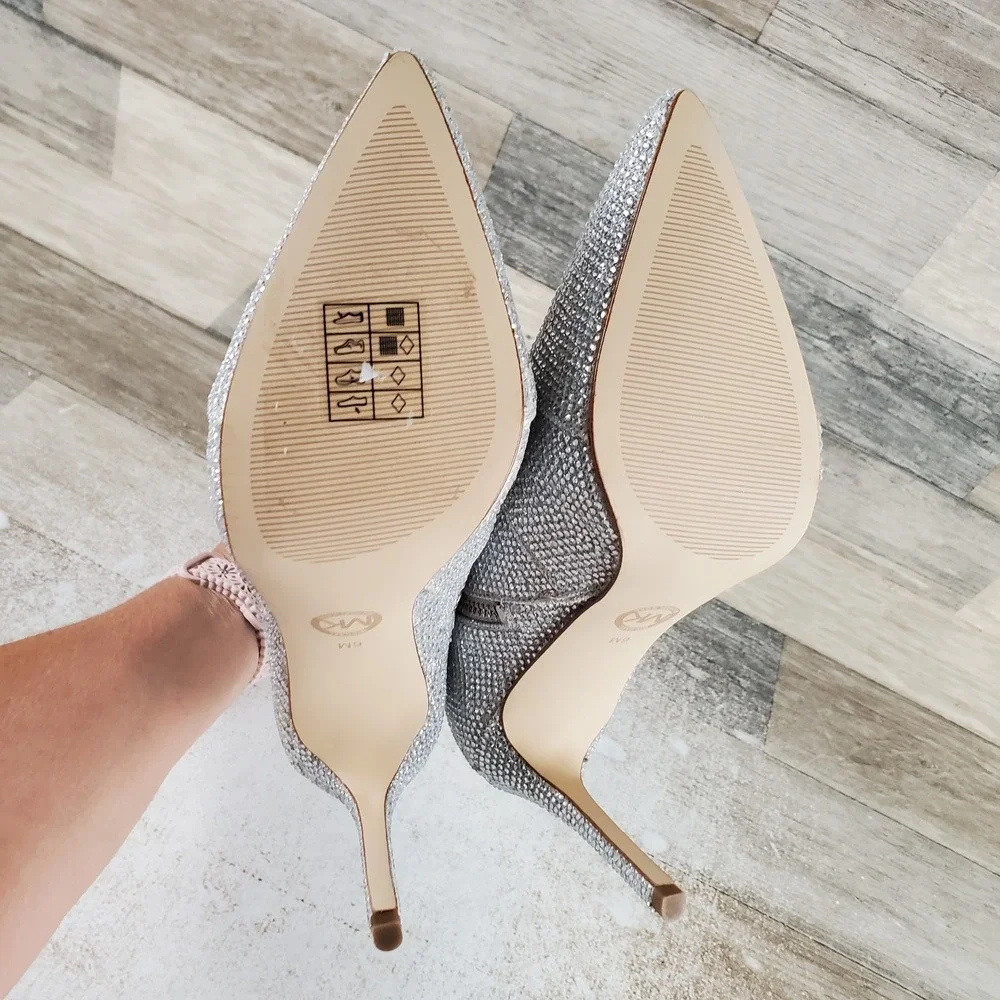 Michael Kors Rue Bootie Womens Sz 6 M Silver Rhinestone Pointy Toe Stiletto Heel